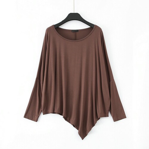 Modal long-sleeved t-shirt, large size loose irregular round collar bottomed shirt, women's early autumn bat sleeves, medium and long top