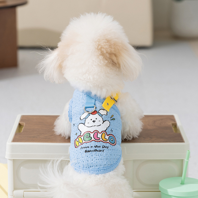 Perro primavera y verano transpirable delgada correa hueca impresa chaleco de dibujos animados Teddy perros pequeños gatos ropa de mascotas