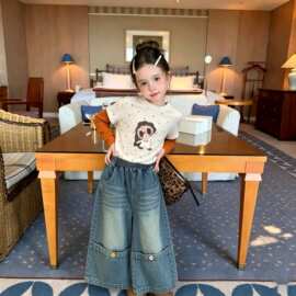 【现货】韩版童装2026秋季女童套装假两件上衣女宝拼接纽扣牛仔裤