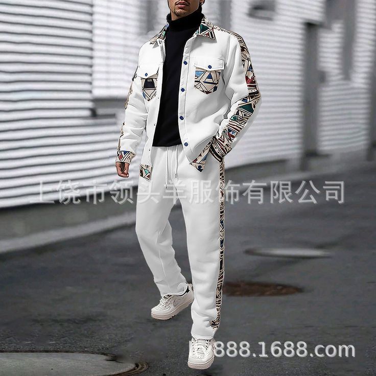 2026 Spring European and American Cross-Border Men's Woolen Jacket Casual Lapel Pattern Patchwork Long-Sleeve Long Pants Set