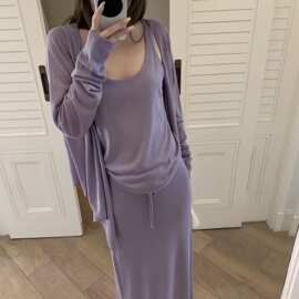 慵懒风针织开衫+吊带背心+半身裙时尚三件套装女紫色深灰