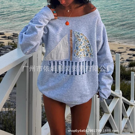 Amazon 25 Autumn New Cross-Border European and American Clothing Ocean Sailing Patch Oblique Shoulder One-Shoulder Two-Wear Pullover Sweatshirt