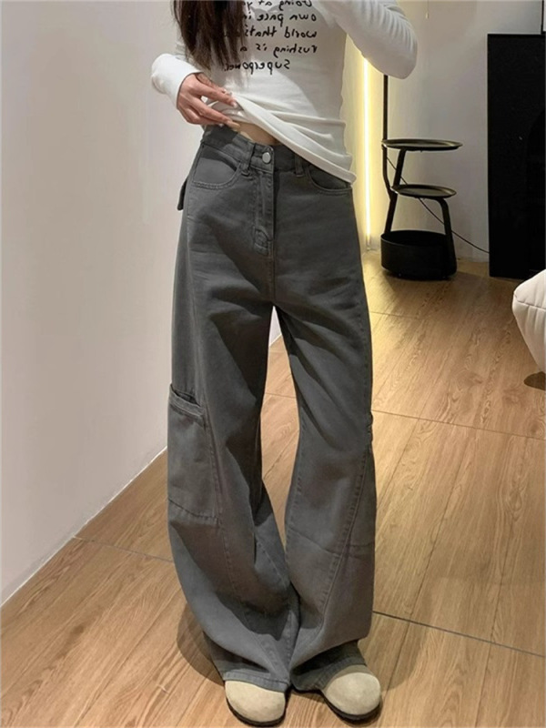 灰色阔腿牛仔工装裤女2025春秋款新款高腰宽松显瘦百搭口袋拖地裤|undefined
