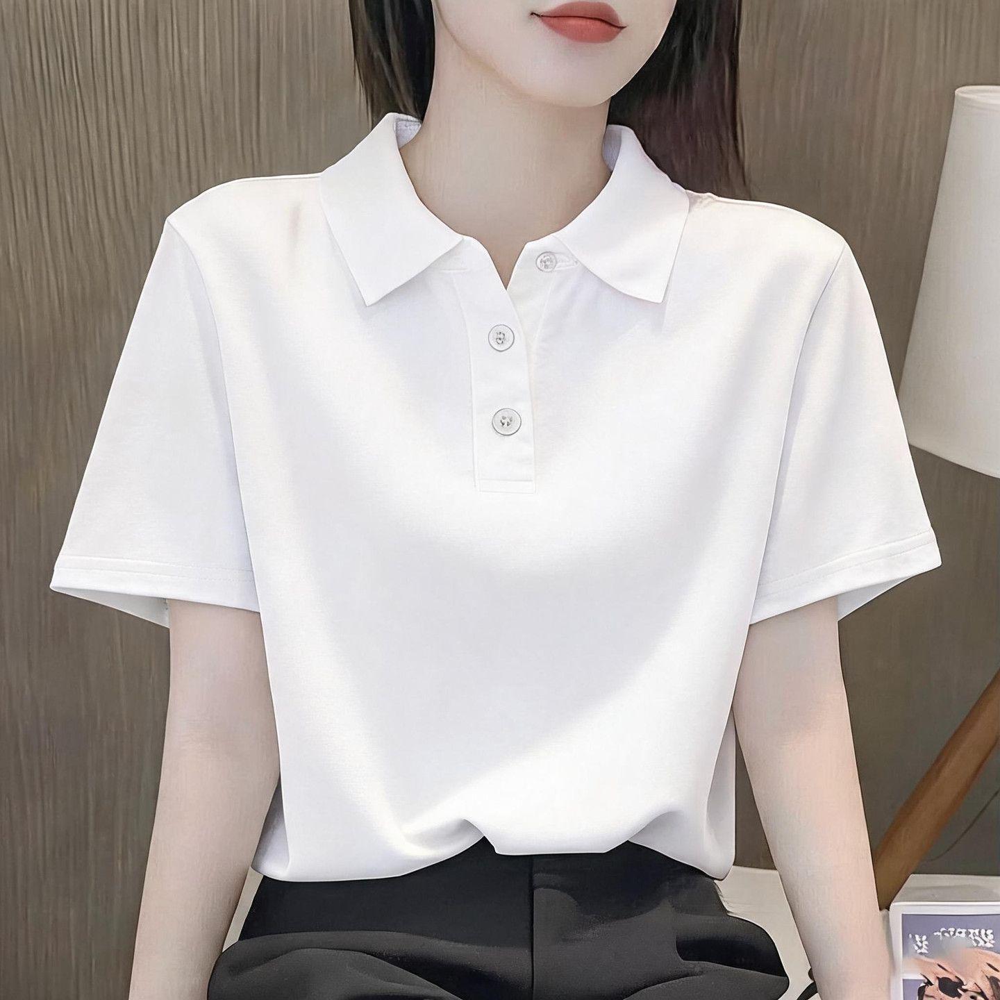 Loose-fitting summer new solid color collared short-sleeved fashionable polo shirt for moms, casual and stylish.