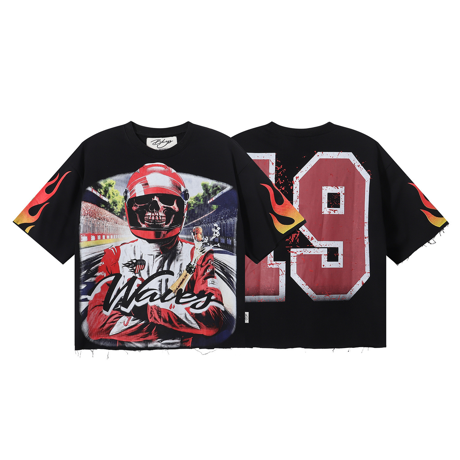 Transfronterizo nueva venta en caliente BKS camiseta de manga corta extraña esqueleto retro lavado de agua caliente perforación en caliente para hombres y mujeres de moda en stock lotes