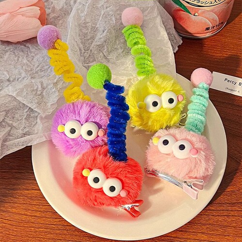Adorable children's plush monster hair clip, fluffy antenna ugly doll duckbill clip, funny pom-pom clip
