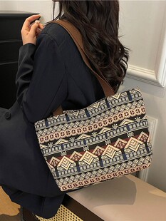 Ethnic style large-capacity canvas bag for women 2026 new college student class commuting bag portable shoulder tote bag