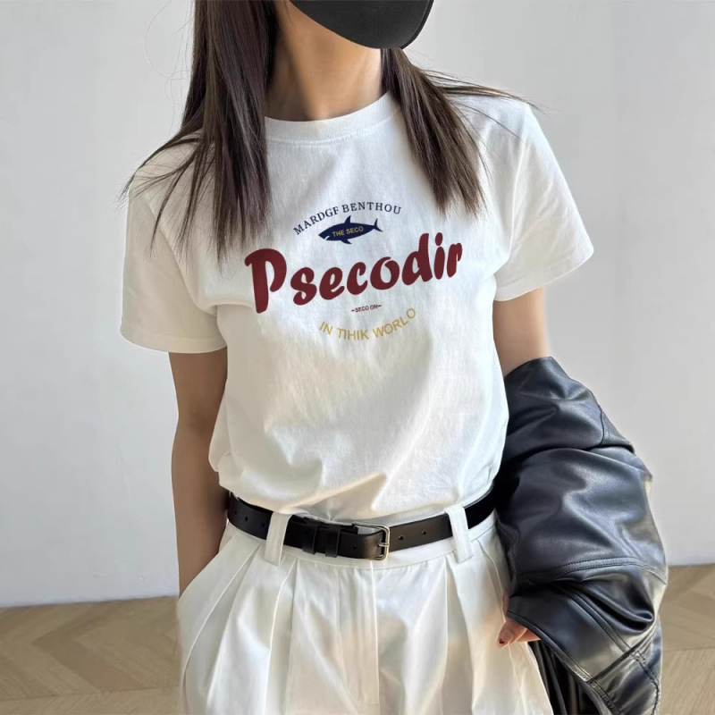 American Retro Style Short-Sleeve T-Shirt for Women, Summer Loose Fit, Plus Size, Covers the Body, Suitable for Spring and Autumn, Inner Layer, Pure Cotton Top
