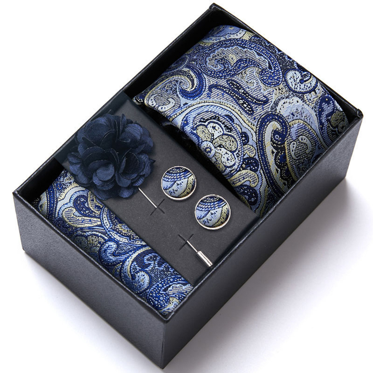 男性の新しい青いストライプのプリントネクタイのスカーフのカフスの胸の花のギフトボックスの包装の贈り物の佳品は祝日に適します。