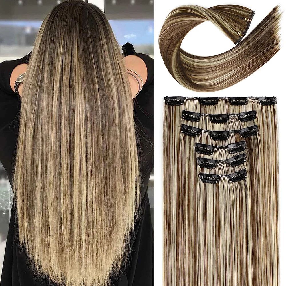 Piezas de 6 piezas para el cabello con tarjeta, piezas para cabello lacio europeo y americano, piezas para pelucas, piezas para cabello sin costuras, 24 "cabello de fibra química resistente al calor