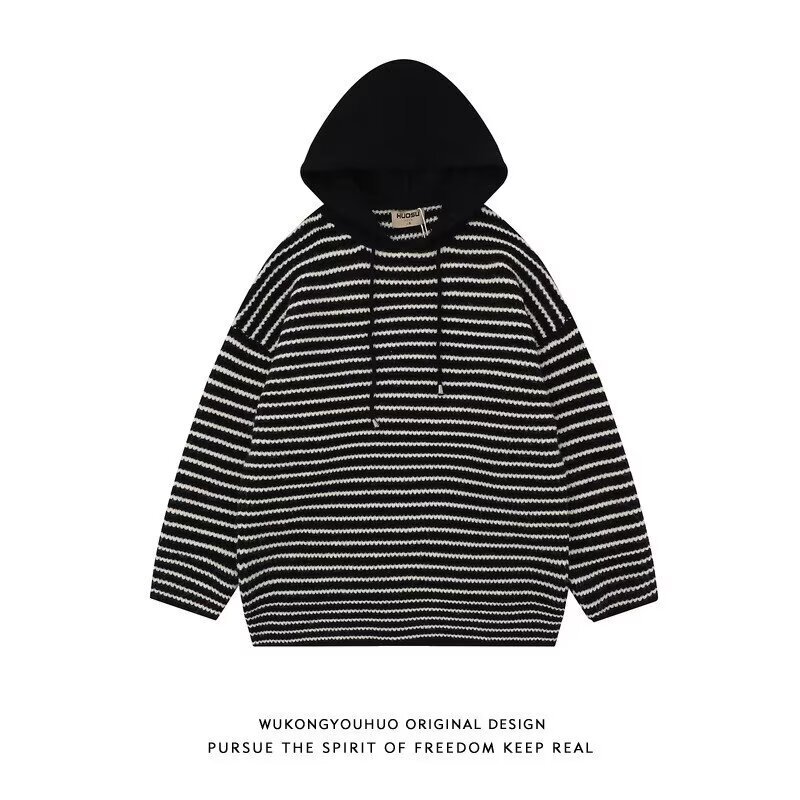 High-End and Super Nice-Looking Sweater for Men, Spring & Fall Hooded Stripesd Knitted Pullover Top, Loose and Lazy Style Men's Jacket High-End and Super Nice-Looking Sweater for Men, Spring & Fall Hooded Stripesd Knitted Pullover Top, Loose and Lazy Style Men's Jacket