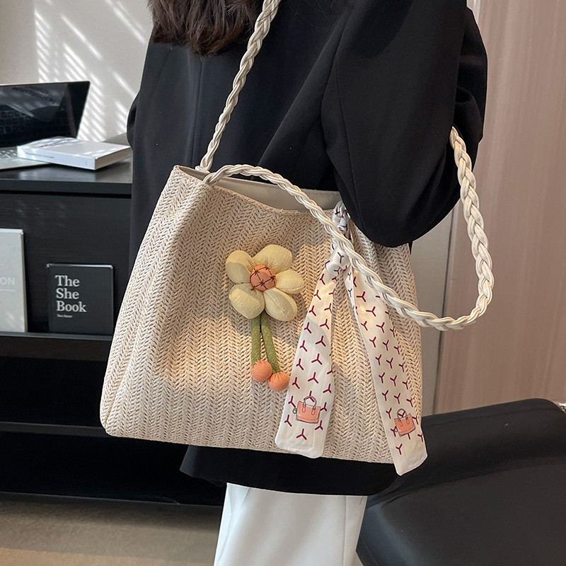 니치 짠 버킷 백 2025 신급 통근 토트 백 여성 대용량 휴가 숄더 스트로우 백