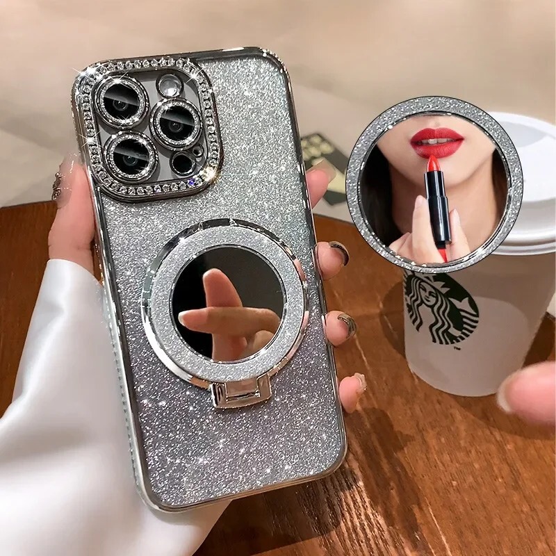 适用苹果17ProMax手机壳补妆镜iPhone16磁吸支架14闪粉边钻电镀15|undefined