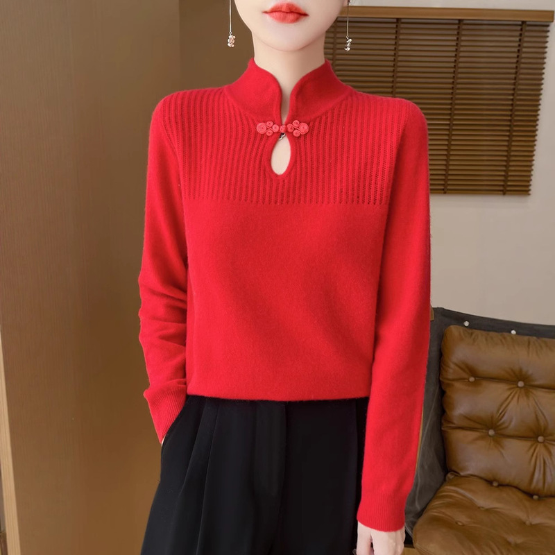 Retro Style Versatile Fashionable Half-High Collar Knitted Base Shirt New Chinoiserie Knitted Sweater for Women with Cheongsam Collar Inner Sweater
