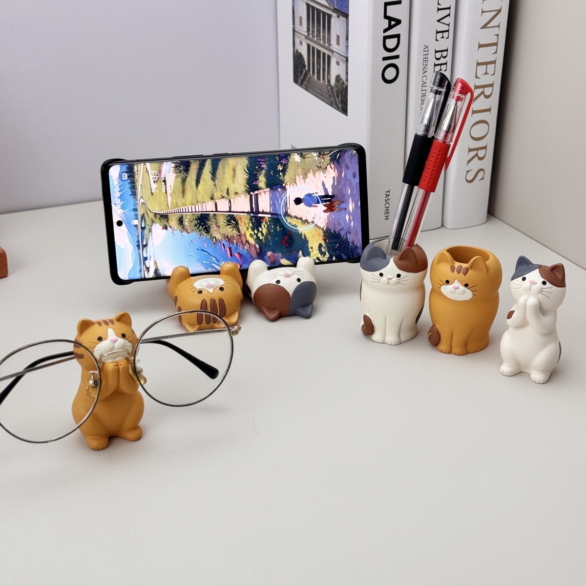 일본식 Zakka 고양이 안경꽂이, 펜꽂이, 휴대폰 거치대, 창의적인 레진 장식품, 여자아이 선물