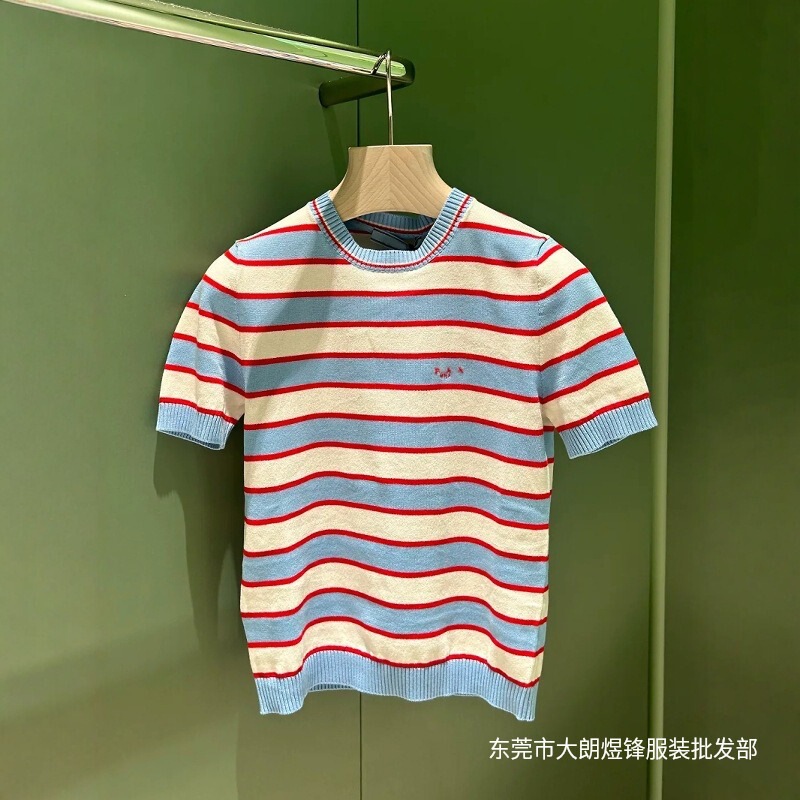 Nanyou High-End Triangle Logo 25 Summer New Striped Round Neck Short Sleeve Knitted T-Shirt for Women Slim Fit Top Nanyou High-End Triangle Logo 25 Summer New Striped Round Neck Short Sleeve Knitted T-Shirt for Women Slim Fit Top