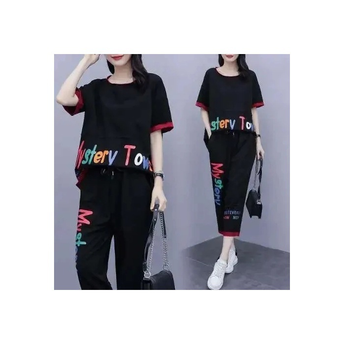太った女の子痩身ファッションカジュアルスーツ女性の新しいファットmmプラスサイズの女性の夏のツーピーススーツ新しいママの服|undefined