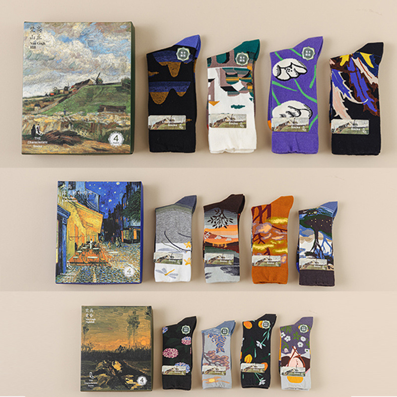 4 pairs gift box van Gogh series oil painting ins fashion stockings female couple French niche mid-calf length socks male autumn and winter socks