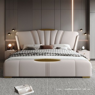 Leather Bed with Lights, Italian Style Master Bedroom Bed, Storage, Internet Celebrity Large Bed, High-End Soft Bed, Light Luxury, Luxury and Fashionable Wedding Bed
