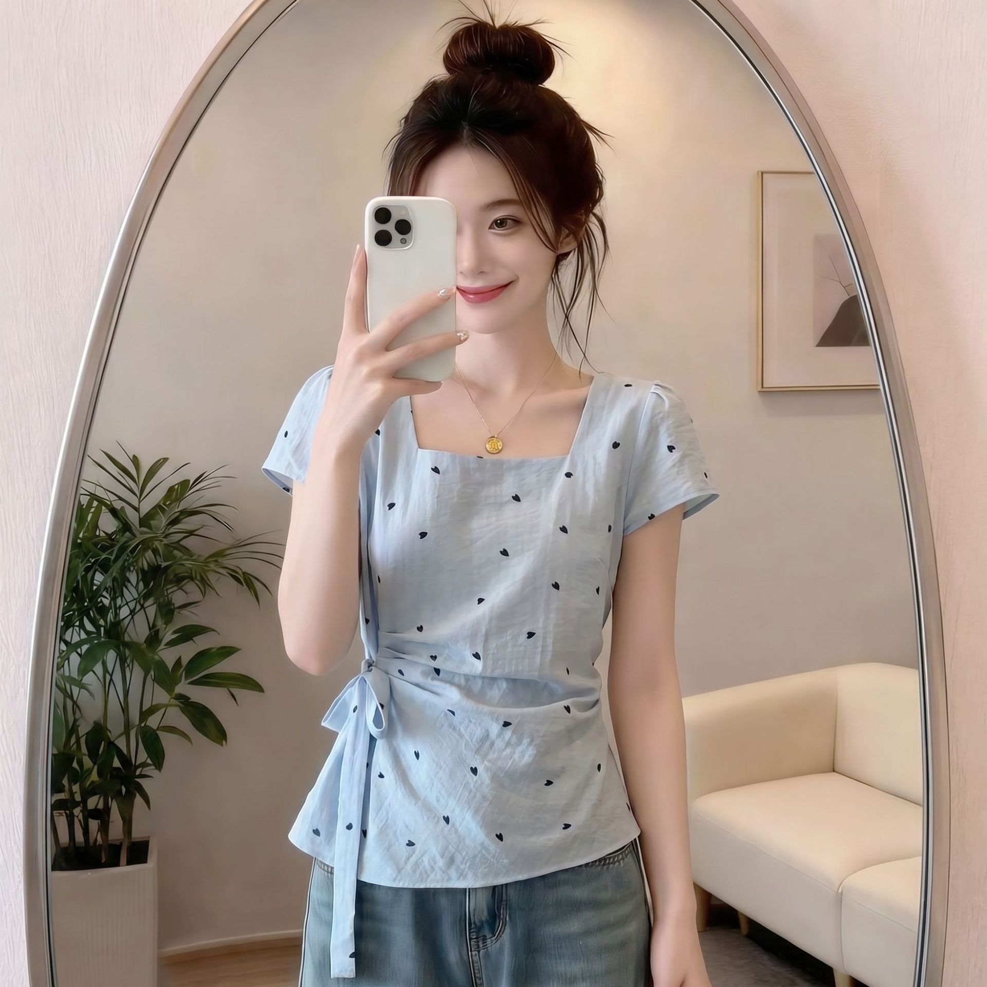 Áo sơ mi nữ cổ vuông in hình trái tim, tay ngắn, phong cách Hàn Quốc, dáng suông tôn dáng — xanh lam chi tiết 5