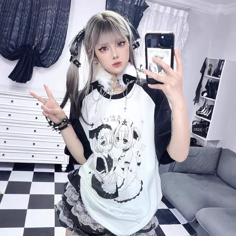Japanese Style Second-dimensional Sweet Cool Asian Culture Stitching Short-sleeved T-shirt Women's Summer New Student Cute Top Women's Loose