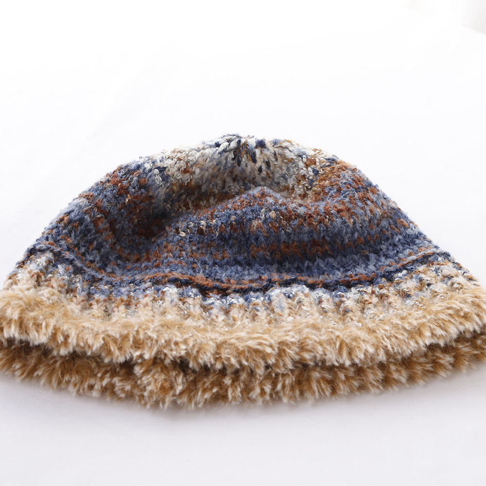 Niche Design Retro-Farbverlauf-Fransen-Strick-Bucket für Damen, Herbst und Winter, warmer Ohrenschutz, Gesichtsformer_voghion.com