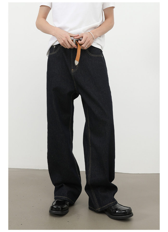 Quần jean nam ống rộng lưng giữa form suông thoải mái phong cách cơ bản — Denim đen, màu xanh denim chi tiết 21