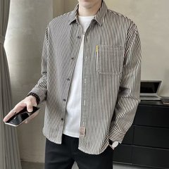 ストライプシャツメンズ韓国ファッション長袖新作トレンディブランドカジュアル春秋香港スタイルシャツジャケット紳士服 2024