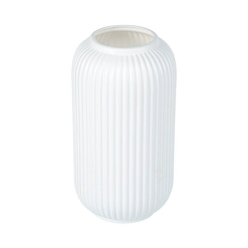 Lantern-style Plastic Vase, Imitation Ceramic White with Vertical Pattern — Hydroponic Flower Vase