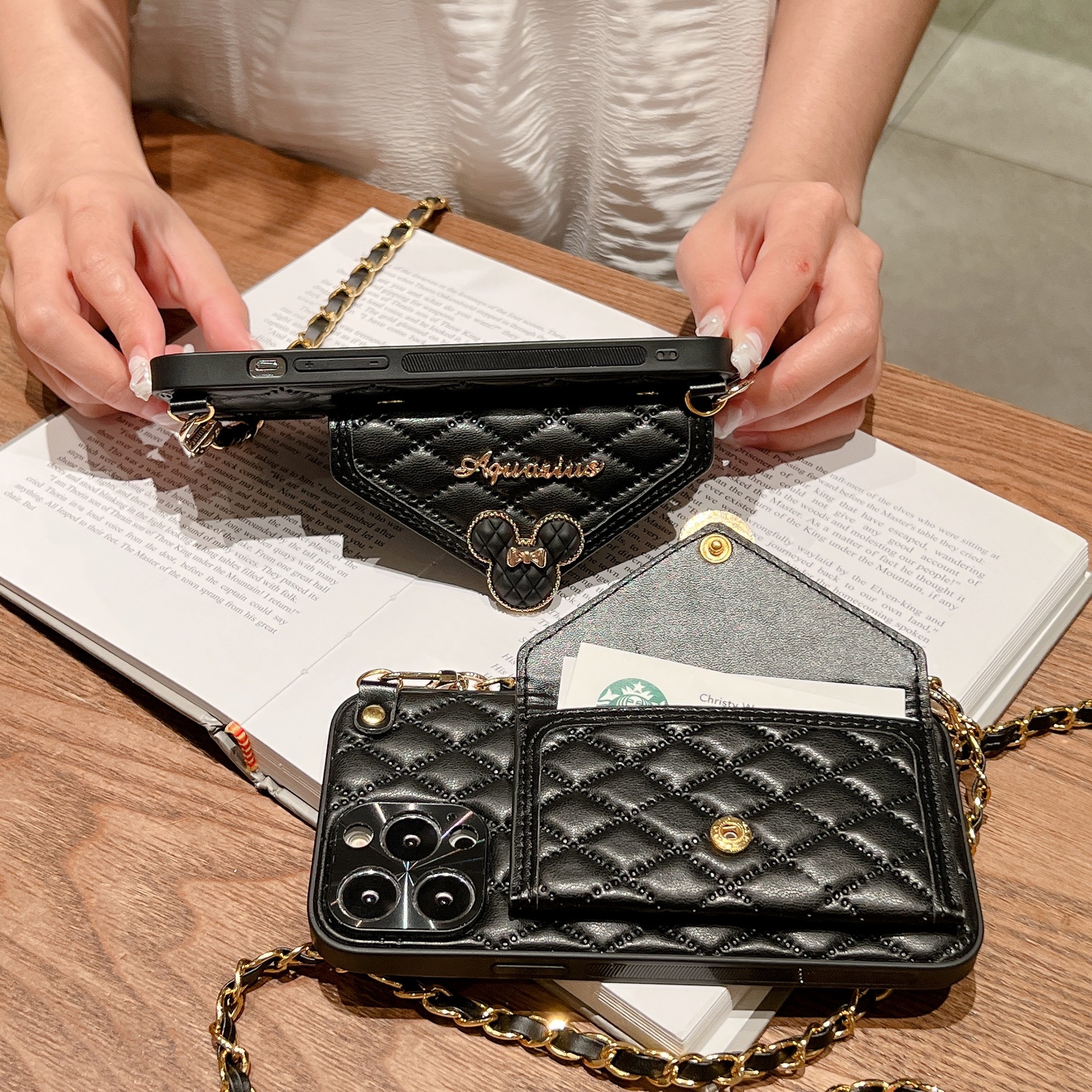 Diagonal hanging card insert suitable for iPhone 13 promax phone case, diamond grid small fragrant wind Apple 12_voghion.com