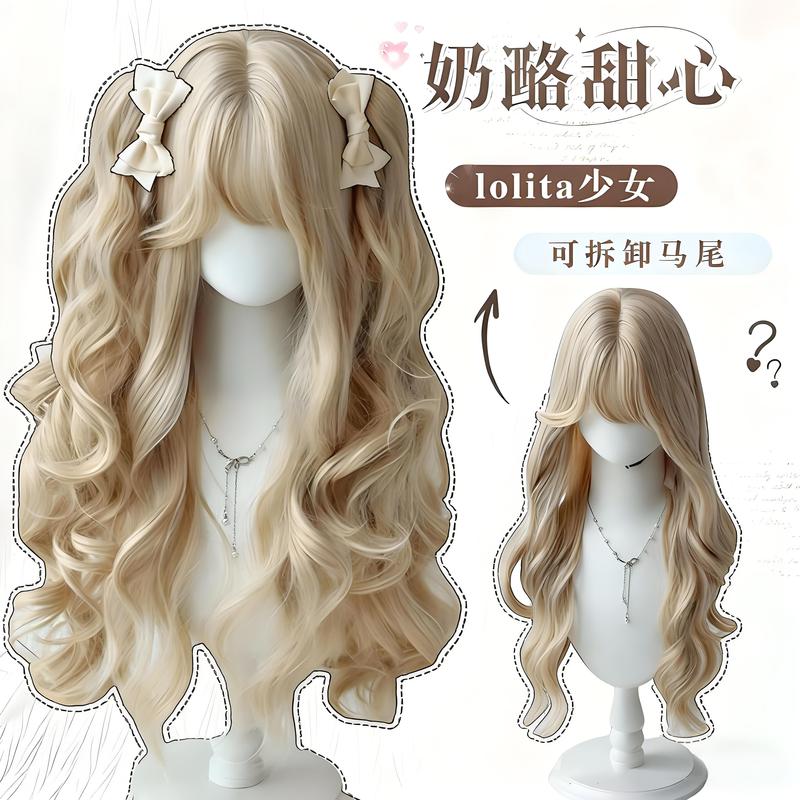 Lolita-Style Wig with Tiger Claw Clip, Milk White Golden Roman Curls, Long Curly Hair, Double Ponytail Full Wig Lolita-Style Wig with Tiger Claw Clip, Milk White Golden Roman Curls, Long Curly Hair, Double Ponytail Full Wig