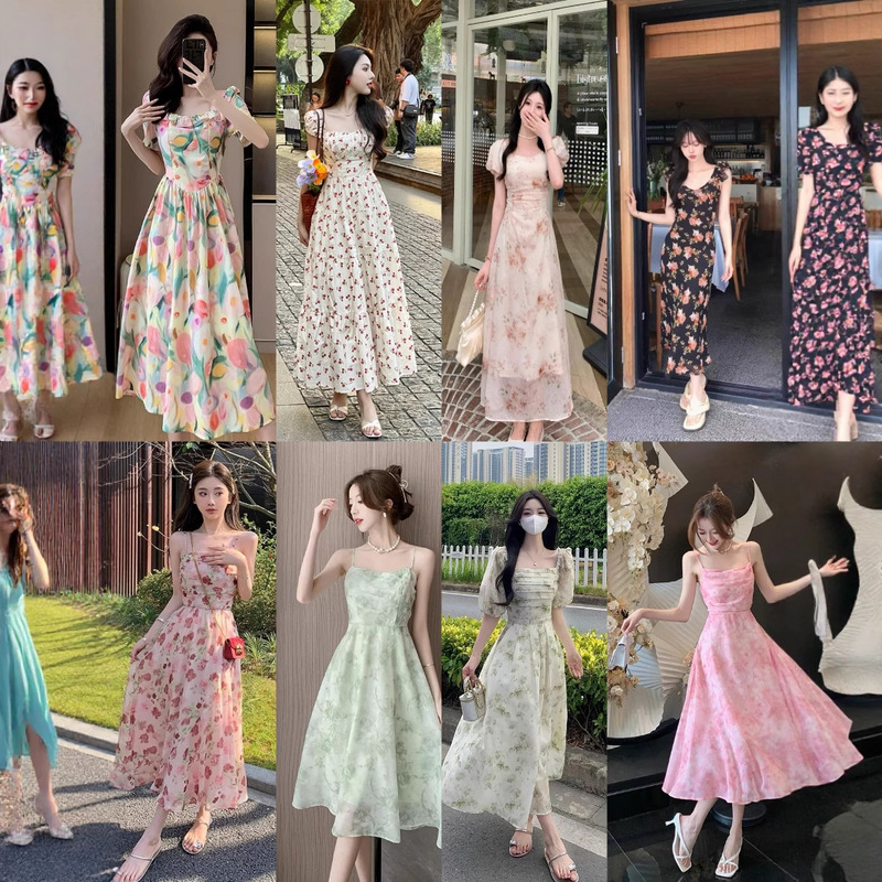 2025 新しい夏の花柄スカート女性のフレンチスタイルのチェリードレスハイエンドの新鮮なサスペンダーロングスカート夏|undefined