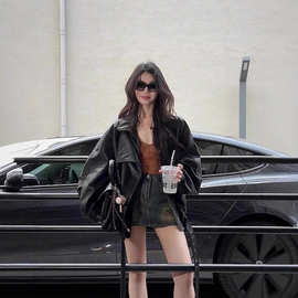 黑色复古机车翻领pu皮衣外套女酷飒风爆款2025春秋新款皮夹克上衣