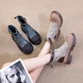 温州鸣珠 帆布丁靴女单靴中跟短靴女2023秋冬新款女靴