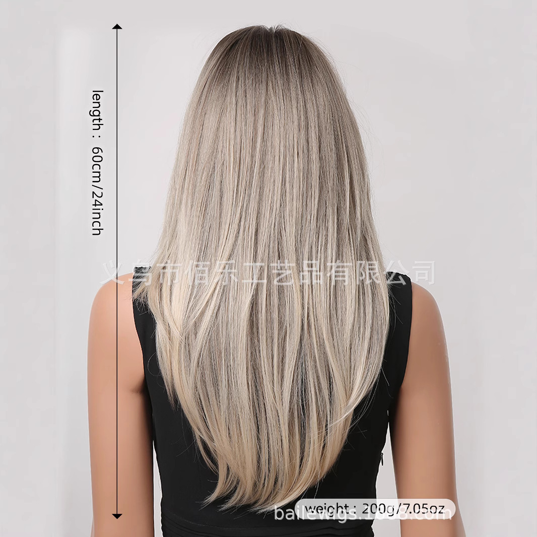 Peluca de oro blanco más vendida en Europa y América, flequillo de ocho caracteres, teñido en la parte superior de la cabeza, cabello largo y liso en capas, cubierta de cabeza completa, spot wi al por mayor