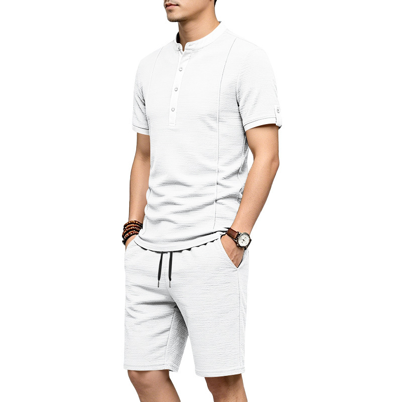 Men's Casual Henley Short Sleeve T-Shirt And Shorts Set Comfort-Focused Polyester Design for Summer_viptrois.com