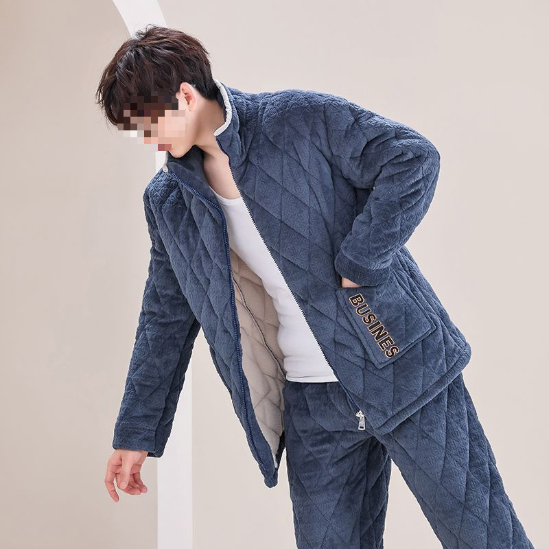 Men's Home Wear Warm Autumn and Winter Three-Layer Pajama Set Thickened Coral Fleece Cotton Jacket for Young and Middle-Aged Men