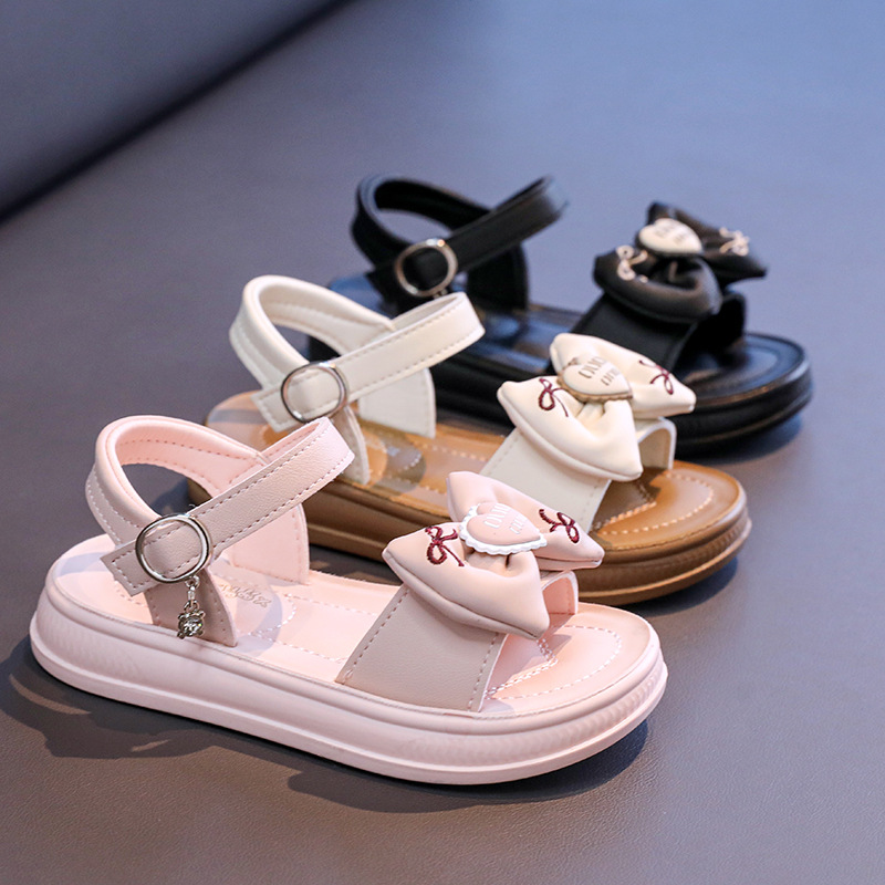 Children's Beach Shoes 2025 Summer New Cute Bow Love Girl Solid Color Sandals Small Middle and Large Children's Shoes