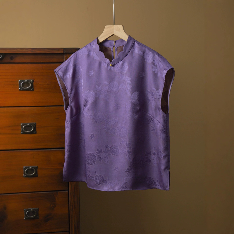 Silk Xiangyunsha Red Cloud Silk Full Jacquard Wave Collar Blouse for Women 100% Mulberry Silk Chinese Style Top Summer