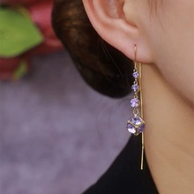 耳线流苏2024新款爆款长款耳饰紫色水钻独特设计小众高级感耳环