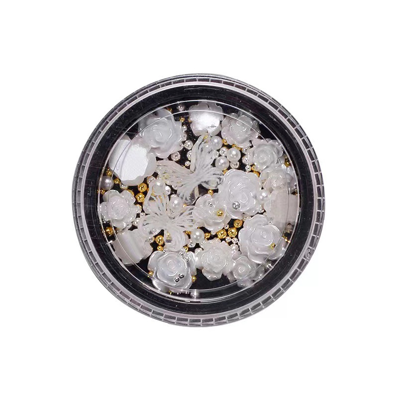 Nuevos adornos de camellia flores de mariposa mezcladas perlas multicolores taladro de alta calidad taladro de joyas de uñas de acero