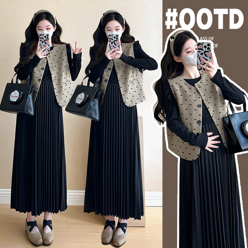 New 2024 Maternity Dress Vintage Vest Coat Long Pregnant Women dress suit