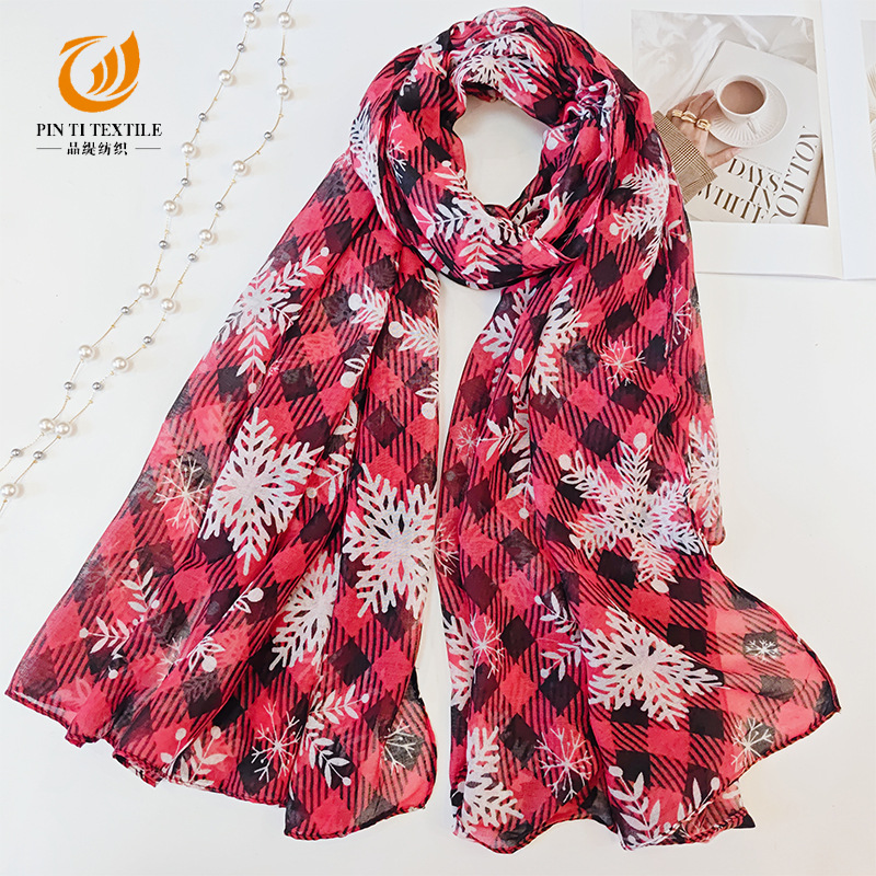 2024 Autumn and Winter New Scarf European and American Christmas Scarf Plaid Snowflake Voile Scarf Factory Direct Sales Spot