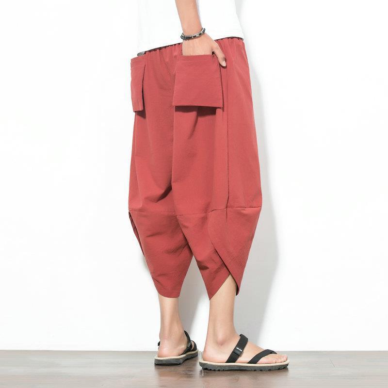 Pantalones de hombre de estilo chino, pantalones recortados de lino de verano, pantalones de zanahoria gordos de algodón y lino sueltos de gran tamaño, pantalones cortos de hip-hop, tendencia