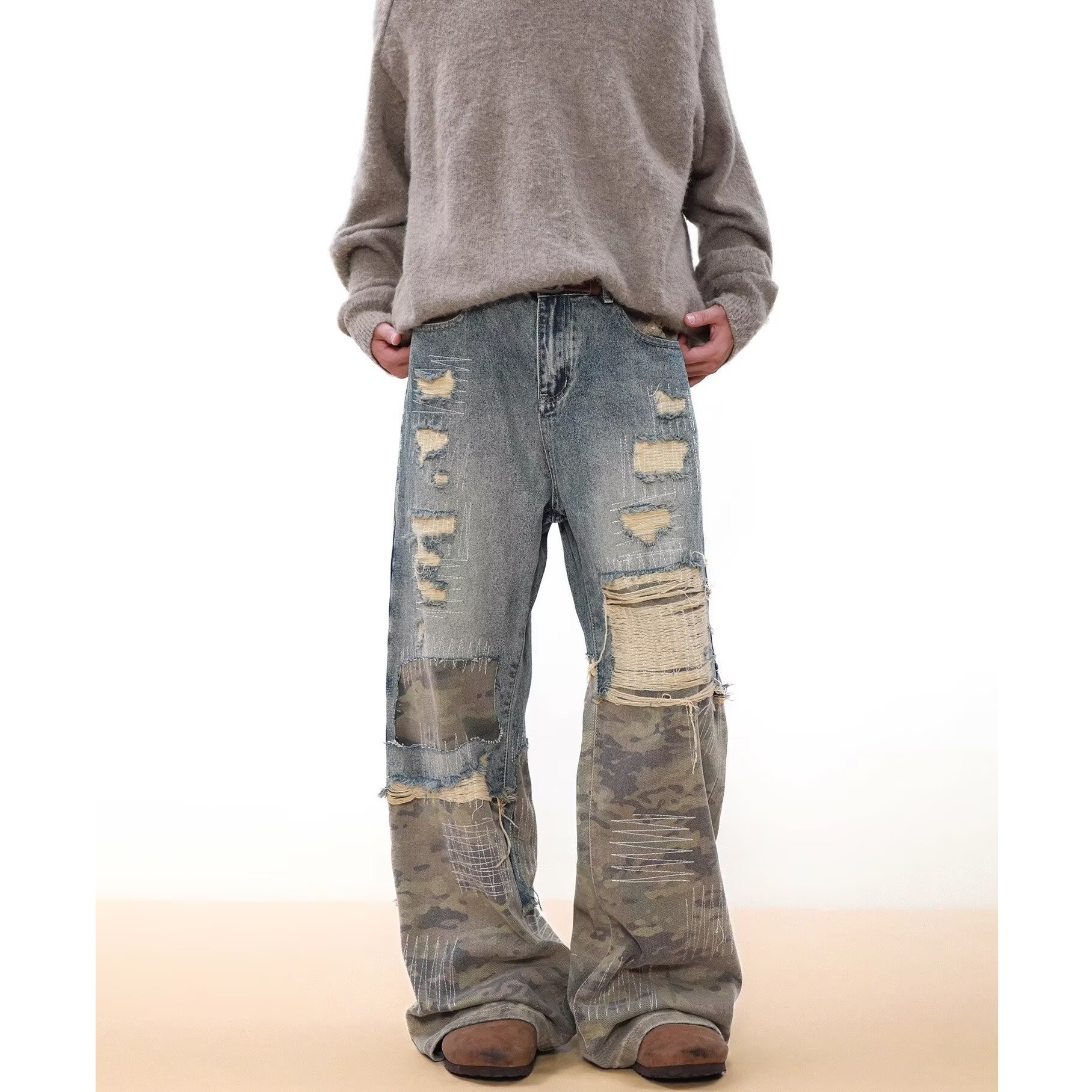 Pantaloni estivi da uomo, patchwork mimetico, denim blu, stile americano, jeans vintage lavati e resistenti, effetto invecchiato._voghion.com