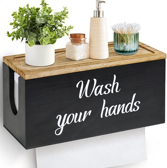 Wooden Tissue Box Wall Mounted Paper Towel Holder with Lid Kitchen Wall Tissue Storage Rack Wooden Paper Towel Dispenser