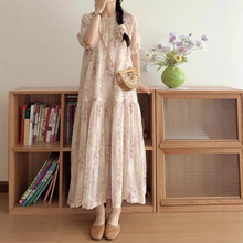 小清新碎花棉麻连衣裙女2025夏新款宽松显瘦文艺森系圆领短袖长裙