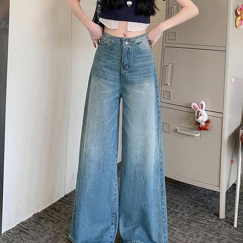Retro Washed Blue Wide Leg Women's Jeans 2025 Spring New High-Waisted Unique Straight Leg Ground-Length Pants