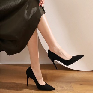 34-42 plus size High Heels Women's 2024 Spring and Autumn New Black Stiletto Pointed Shallow Velvet Professional Work Shoes