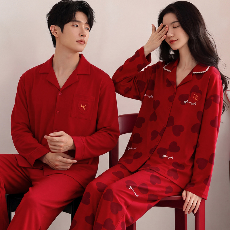 Bright red pajamas for newlyweds, couple's cardigan set, pure cotton spring and autumn home wear for men and women
